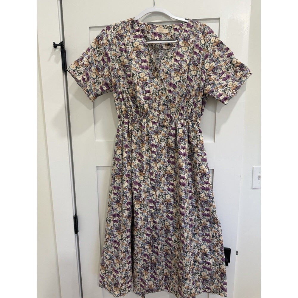 AFTERNOON Anthropologie Floral Purple and Cream Dress